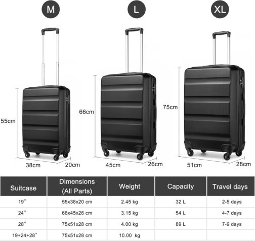 KONO Suitcase Travel Suitcase Lightweight Hard Shell Rolling Suitcase with TSA Lock and 4 Wheels, black, Hard shell – Bild 7