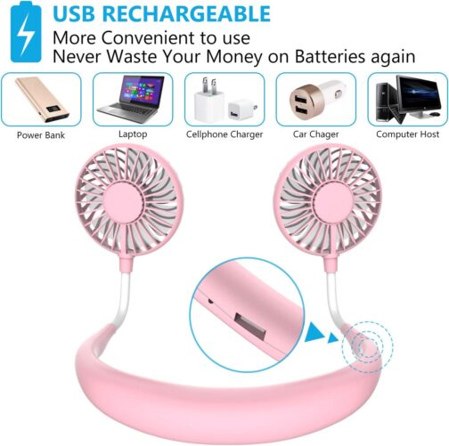 Portable Fan, Mini USB Fan Hands, Rechargeable, Neck Band / Desk Fan, 3 Speeds, LED Light, pink – Bild 5