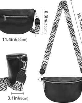 Women’s Large Shoulder Bag, Leather Bum Bag, Wide Strap with Zip, Crossbody Bag Handbag for Travel, Shopping (Black)