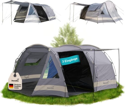 Skandika Kambo Tunnel Tent 6 - 12 People | Tent for 6-12 Men, Waterproof, 3000 mm Hydrostatic Head, 3 Separate Entrances, Awning, Awning Tent, Dark Sleeping Cabin, Camping Family Tent, Large Capacity