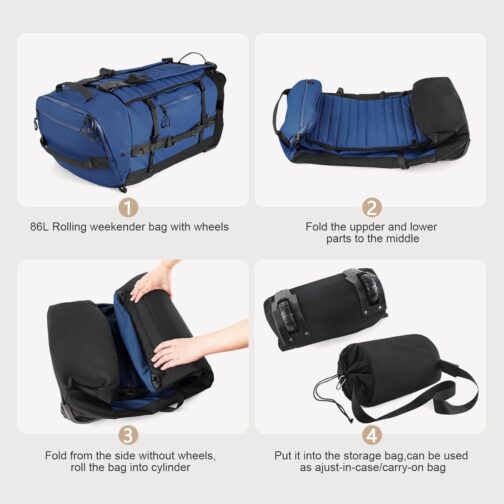 CONTAIL 86L Foldable Travel Backpack with Padded, Quilted Base, Waterproof, Foldable Travel Backpack with Extended Carry Handles, navy, travel bag – Bild 4
