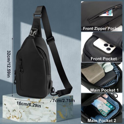 Lidxfeo Anti-Theft Multipurpose Crossbody Bag, Waterproof Chest Bag, Men's Shoulder Bag with USB Charging Port, Multiple Pockets, Sling Backpack, for Hiking, Travel, Climbing, etc, black, Black 2.0 – Bild 6