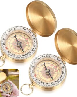 Pack of 2 Outdoor Compass, Portable Waterproof Pocket Compass, Portable Brass Compass with Luminous Numbers for Outdoor Activities, Hiking, Climbing, Navigation (Golden)