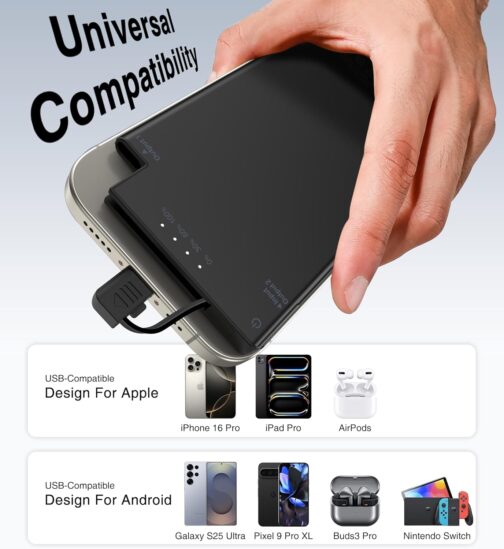 Auskang Powerbank USB C with Cable 0.68 cm Ultra Slim Portable Charger Ultra Thin and Lightweight External Battery Compatible with iPhone 15, Samsuang, Xiaomi etc. Black – Bild 6