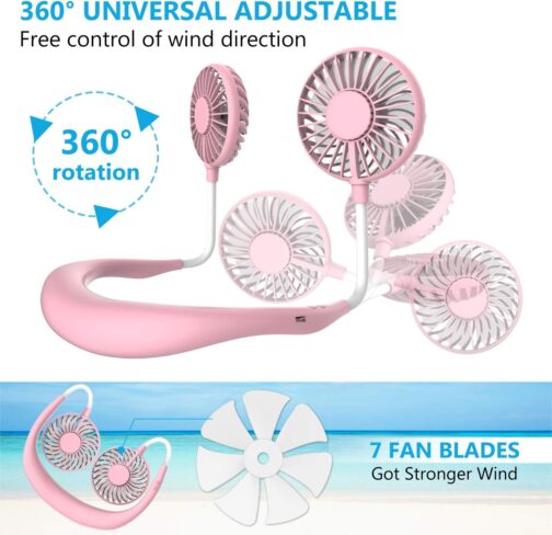 Portable Fan, Mini USB Fan Hands, Rechargeable, Neck Band / Desk Fan, 3 Speeds, LED Light, pink – Bild 4