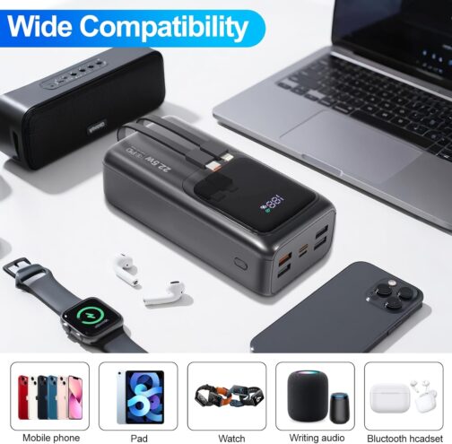 Outdoor Camping Power Bank 60000 mAh Power Bank with Large Capacity 22.5 W/PD20 W with Built-in Cable External Mobile Phone Batteries with Quick Charge Function for Smartphones, Tablets etc. (Black) – Bild 5