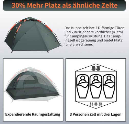 Cflity Camping Tent, 3 Person Instant Pop Up Tent, Waterproof, Three Layer Automatic Dome Tent, Large 4 Seasons Tent, Backpacking Tent with Rain-Fly 2 Expandable Porch for Camping – Bild 3