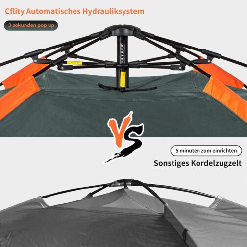 Cflity Camping Tent, 3 Person Instant Pop Up Tent, Waterproof, Three Layer Automatic Dome Tent, Large 4 Seasons Tent, Backpacking Tent with Rain-Fly 2 Expandable Porch for Camping – Bild 4