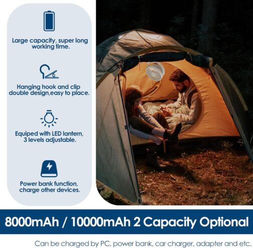 Simpeak 8000 mAh Camping Fan Table Fan, Mini USB Fan Quiet, Clip Fan with Remote Control and LED Light [3 Speeds] [720° Rotation] - White – Bild 3