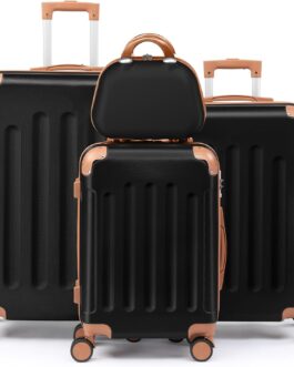LEADZM Kofferset 4 teilig Hartschale, Koffer Set aus ABS, Reisekoffer mit Rollen Groß, Hartschalenkoffer Set, Koffer & Trolleys mit Kosmetikkoffer (Schwarz-Braun)