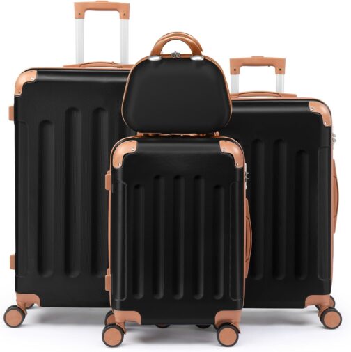 LEADZM Kofferset 4 teilig Hartschale, Koffer Set aus ABS, Reisekoffer mit Rollen Groß, Hartschalenkoffer Set, Koffer & Trolleys mit Kosmetikkoffer (Schwarz-Braun)