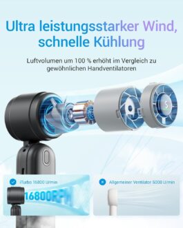 Diveblues iTurbo Handheld Fan, 9 m/s High Speed, 5 Levels, LED Display, Rechargeable Battery, 3-in-1 Hand, Neck & Table Fan, Mini Fan for Travel, Beach, Work & Outdoor