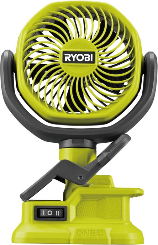 RYOBI 18 V Battery Clip Fan RCF18-0 (Compact and Portable Battery Fan, Rubberised Mounting Clip, 2-Level Adjustment, Drum Diameter (cm) 10, without Battery & Charger in Box), Green