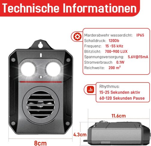 MEKEET Marten Repellent Free Mobile Marten Deterrent Car with Flash Light | 12 V Car Battery & AA Battery & USB | Marten Deterrent Marten in Engine Compartment Marten Protection for Car, Attic, Home – Bild 7