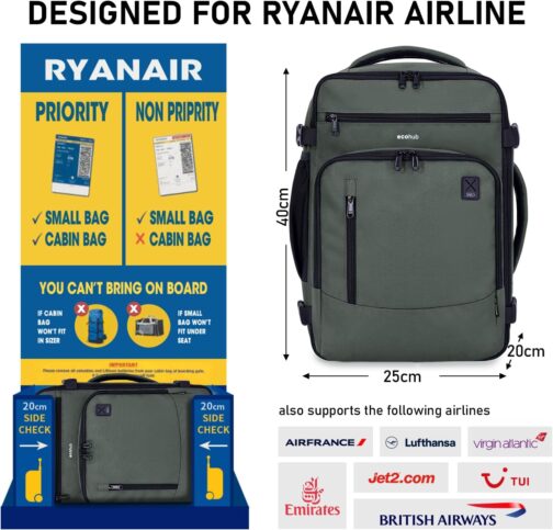 ECOHUB Backpack 40 x 20 x 25 cm for Ryanair Aeroplane Travel Backpack Hand Luggage Laptop Daypacks PET Recycled Environmentally Friendly Backpack Waterproof Under Seat 20 L Women Small, Army Green – Bild 2