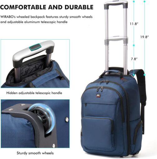 WIRABO Backpack with Wheels, 15.6 Inch Trolley Hand Luggage, Laptop Travel Bag with Wheels, Large Backpack for Men, Work, College, blue, Rucksack – Bild 5