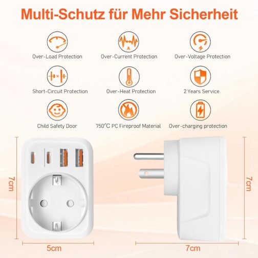 USA Adapter Socket, 5-in-1 Adapter USA Germany Plug with 1 AC 2 USB-C 2 USB-A (3.4 A), 3750 W Travel Adapter USA Adapter, EU to US Adapter for America, Canada, Thailand, Mexico (White/Type B) – Bild 7