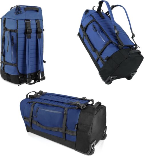CONTAIL 86L Foldable Travel Backpack with Padded, Quilted Base, Waterproof, Foldable Travel Backpack with Extended Carry Handles, navy, travel bag
