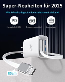 Retractable 65W Wall Charger with Cables, 3-Port USB Charging Block, 65W Quick Charge Charger for iPhone 16/15/14/13/12/11 Series, for iPad, Tablet, Galaxy and More, White