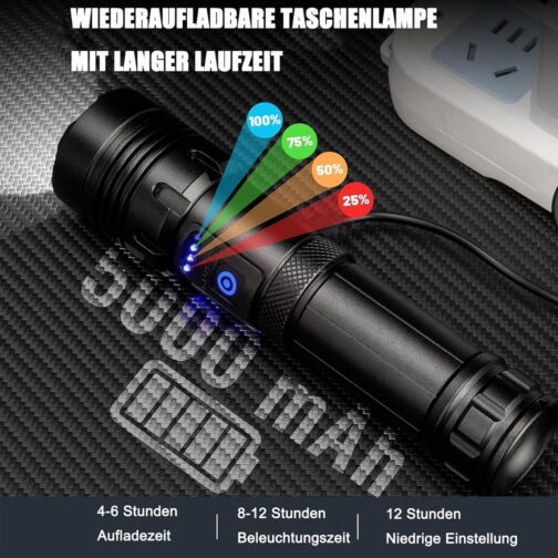 Torch LED Rechargeable 500,000 Lumens, Extremely Bright Zoomable Tactical Torch with 7 Light Modes and Long Operating Time, Waterproof Hand Lamp for Camping, Hiking, Fishing, Outdoor, Emergency – Bild 5