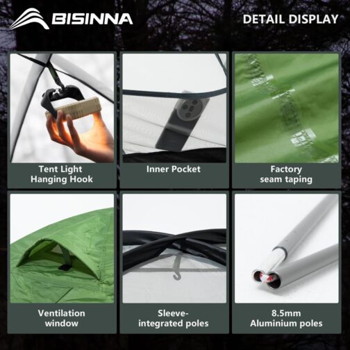 BISINNA Dome Tent 2 People 3-4 Seasons Waterproof & Windproof Ultralight Trekking Tent Compact Pack Size & Flash Assembly for Camping, Hiking, Festival – Bild 5