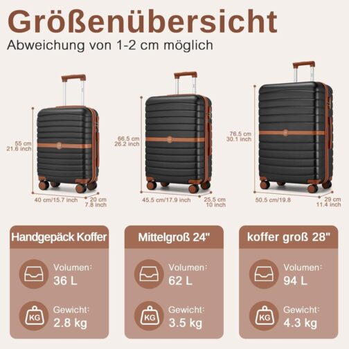 KONO ABS + PC Hard Shell Suitcase with Twin Wheels and Combination Lock, black / brown, Hand luggage (55 cm), Hand luggage (55 cm) – Bild 2