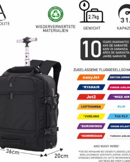Aerolite Easyjet 2 Wheels Recycled Eco Friendly Backpack with Extendable Handle Travel Luggage 45 x 36 x 20 cm 10 Year Guarantee Black Backpack