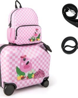 COSTWAY 2-Piece Children’s Suitcase + Backpack, 12 Inch + 18 Inch Children’s Trolley with Wheels & Waterproof Hard Shell, Children’s Luggage with Carry Strap, Rope & Footrests, Rolling Suitcase for