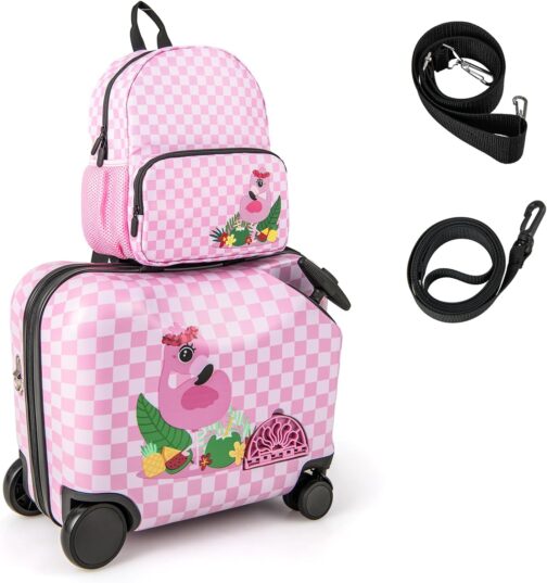 COSTWAY 2-Piece Children's Suitcase + Backpack, 12 Inch + 18 Inch Children's Trolley with Wheels & Waterproof Hard Shell, Children's Luggage with Carry Strap, Rope & Footrests, Rolling Suitcase for