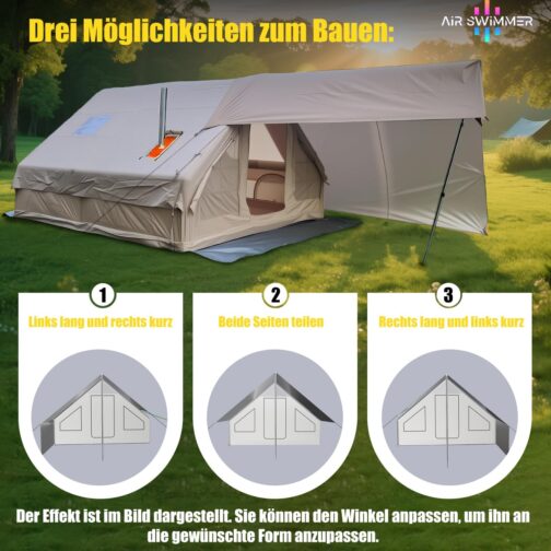 Aufblasbares Zelt 2-10 Personen, Inflatable Tent mit Rauchabzug, Camping Zelt Aufblasbar- 5 Minuten Aufbau, Luftzelt Aufblasbar Glamping Mit 2 großen Reißverschutztüren, Familienzelt Aufblasbar. – Bild 3