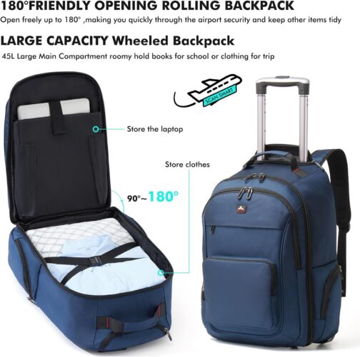 WIRABO Backpack with Wheels, 15.6 Inch Trolley Hand Luggage, Laptop Travel Bag with Wheels, Large Backpack for Men, Work, College, blue, Rucksack – Bild 3