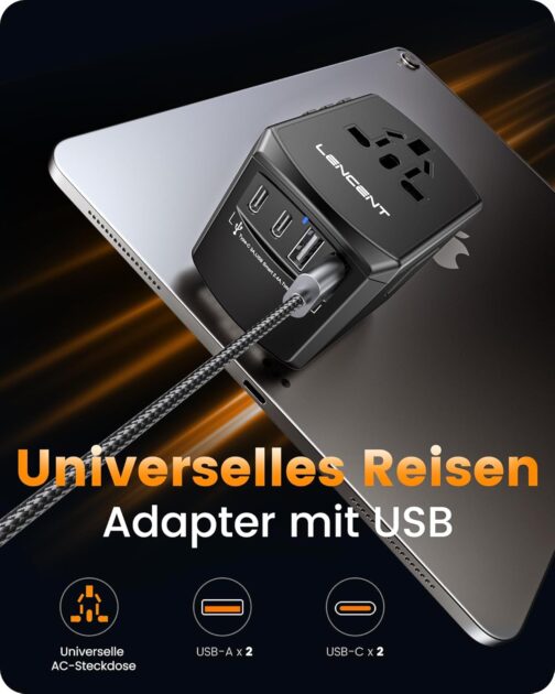 LENCENT Travel Adapter Worldwide, Universal Travel Plug World Travel Adapter with 2 USB A and 2 USB C, International Socket Adapter for Japan Thailand USA England Australia (Type A/B/G/I/D/I/L/M/N) – Bild 3