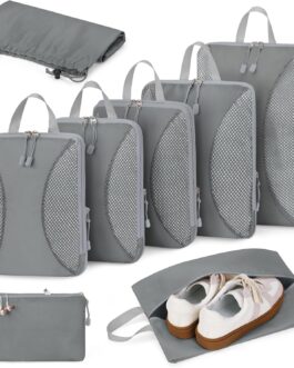 Anjing Packing Cubes Compression – 8-Piece Suitcase Organiser Set with Compression, Compressible Packing Cubes for Organisation, Packing Cubes for Suitcases, Grey