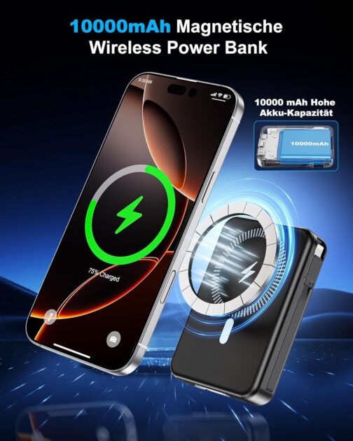Macchiatto Powerbank für Magsafe,10000mAh Magnetische Power Bank Mit Typ-C-Kabel und Lightning-Kabel,PD 20W Schnellladen mit LED Display,Kabellos Akkupack für iPhone 16/15/14/13/12/Pro/Pro Max/Mini – Bild 2