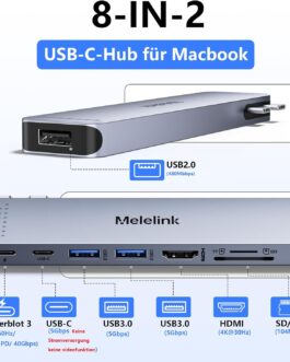 USB C Hub Adapter for MacBook Pro Air, Mac Multiport Adapter, 8 in 2 MacBook Accessories Dongle with 4K HDMI, Thunderbolt 3, USB C/A Ports, SD/TF Card Reader for M3 M2 M1 2024-2018 13″ 14″ 15″ 16″