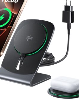 INIU Inductive iPhone Charging Station, 15 W Qi2 Certified Mobile Phone Magnetic Wireless Charger, Mag-Safe Wireless Charger Stand for iPhone 16 15 14 13 12 Pro Max AirPods 4 3 (with 20 W USB C