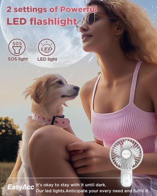 EasyAcc Handheld Fan, 5000 mAh Portable Mini Fan with 5 Speeds, 15 Hour Range and LED Display, Backup Power and Flashlight, 5-in-1 USB Fan for Travel, Office, Home, Pink – Bild 4