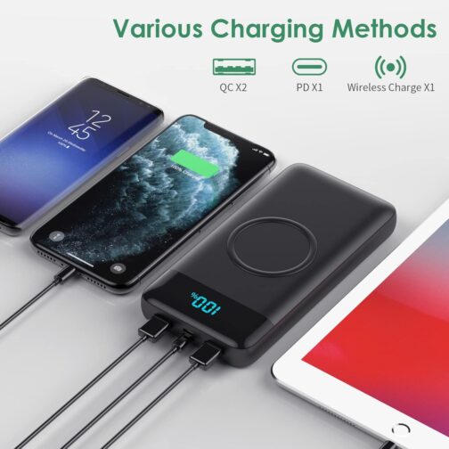 AXNEB Wireless Powerbank Fast Charging 25 W PD3.0 + QC4.0, 15 W Wireless Charger 26,800 mAh Power Bank 4 Outputs USB C External Battery with LCD Display Compatible with iPhone Huawei Samsung S20 iPad – Bild 7