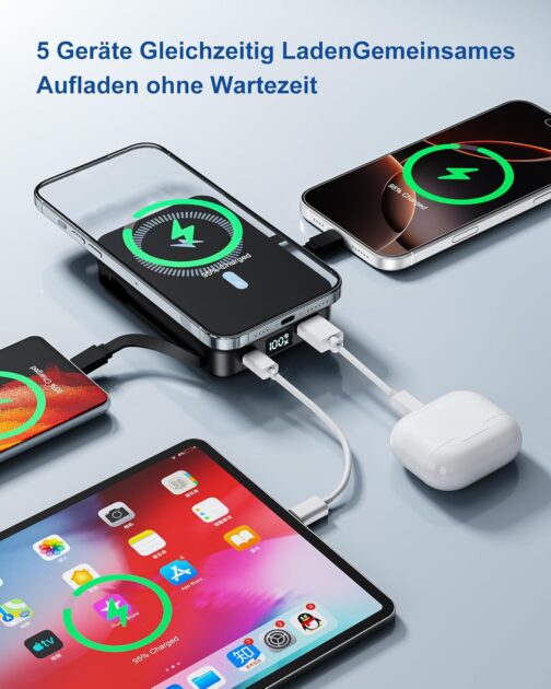 Macchiatto Powerbank für Magsafe,10000mAh Magnetische Power Bank Mit Typ-C-Kabel und Lightning-Kabel,PD 20W Schnellladen mit LED Display,Kabellos Akkupack für iPhone 16/15/14/13/12/Pro/Pro Max/Mini – Bild 3