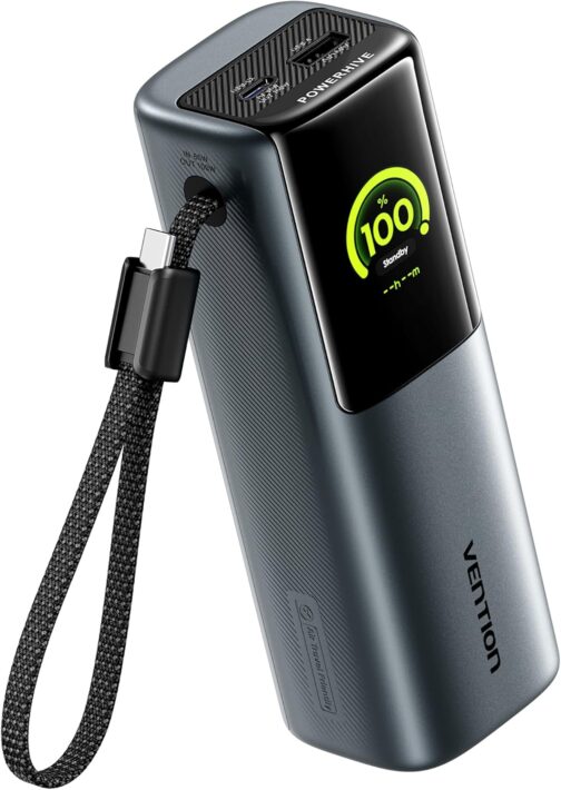 VENTION 20000 mAh Laptop Power Bank, 165 W Fast Charge, Digital Display & Emoji Animation, Integrated USB-C Cable, 2 x 100 W USB-C + USB-A, for iPhone 16/15/14/13 Pro Max, MacBook, Dell, HP, Galaxy