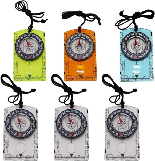 6 Pack Outdoor Compass with Adjustable Declination, Pocket Compass with Magnifying Glass, Ruler, Scale, Multifunctional Pocket Compass for Children, Waterproof Compass for Hiking, Camping and Other