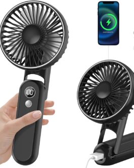 CNMTCCO Handheld Fan, Mini Portable Fan, Rechargeable, Foldable USB Fan with 5 Speed Levels, Quiet Small Personal Fan with Power Bank (Black)