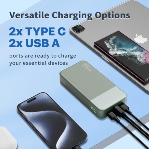 Nobis Power Bank, 20000 mAh Portable Charger, 35 W USB C in & Out Quick Charge, 4 Ports External Battery Pack with LED Digital Display, Compatible with MacBook, Phone 15 S23 (Green) – Bild 4