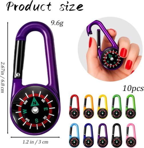 Pack of 10 Children's Compass Keyrings with Mini Carabiner, Colourful Mini Compass for Outdoor Camping and Hiking, Give Aways Children's Birthday Party – Bild 2