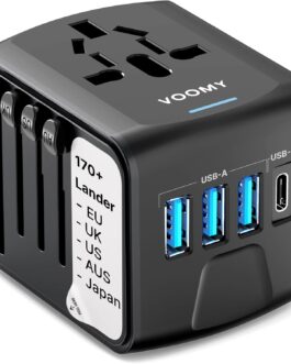 VOOMY Travel Adapter Worldwide, Universal Travel Plug with 3USB, 1USB, 1AC Socket, Travel Adapter Europe, USA, Mexico, Australia, Thailand, Travel Adapter USA, Travel Plug Adapter Worldwide, Travel