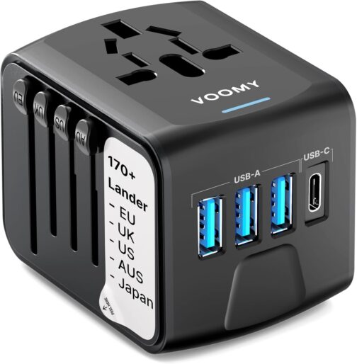 VOOMY Travel Adapter Worldwide, Universal Travel Plug with 3USB, 1USB, 1AC Socket, Travel Adapter Europe, USA, Mexico, Australia, Thailand, Travel Adapter USA, Travel Plug Adapter Worldwide, Travel