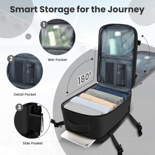 KIRFEIHT Hand Luggage 40 x 20 x 25 for Ryanair - 20L Cabin Bag Backpack Underseat Travel Hand Luggage Backpack, black, Practical: – Bild 3