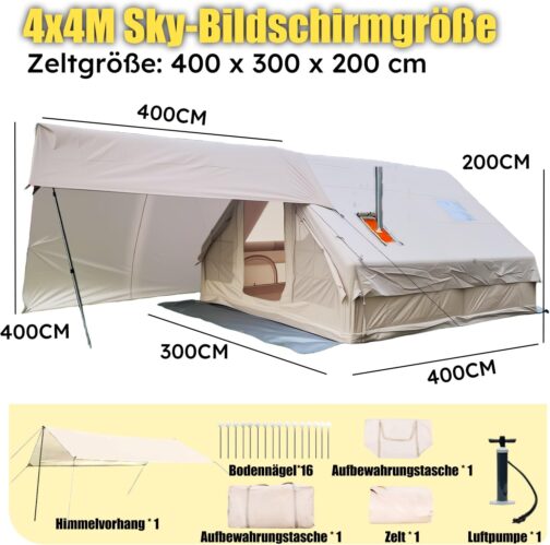 Aufblasbares Zelt 2-10 Personen, Inflatable Tent mit Rauchabzug, Camping Zelt Aufblasbar- 5 Minuten Aufbau, Luftzelt Aufblasbar Glamping Mit 2 großen Reißverschutztüren, Familienzelt Aufblasbar. – Bild 2