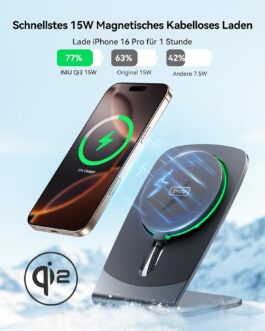 INIU Inductive iPhone Charging Station, 15 W Qi2 Certified Mobile Phone Magnetic Wireless Charger, Mag-Safe Wireless Charger Stand for iPhone 16 15 14 13 12 Pro Max AirPods 4 3 (with 20 W USB C