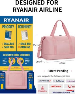 ECOHUB 20L Ryanair Hand Luggage 40 x 20 x 25 cm, Hand Luggage Bag for Airplane, Foldable Travel Bag with Removable Wet Bag, Ryan Airlines Bag 40 x 20 x 25, Weekender Women Men, Patent Pending, pink